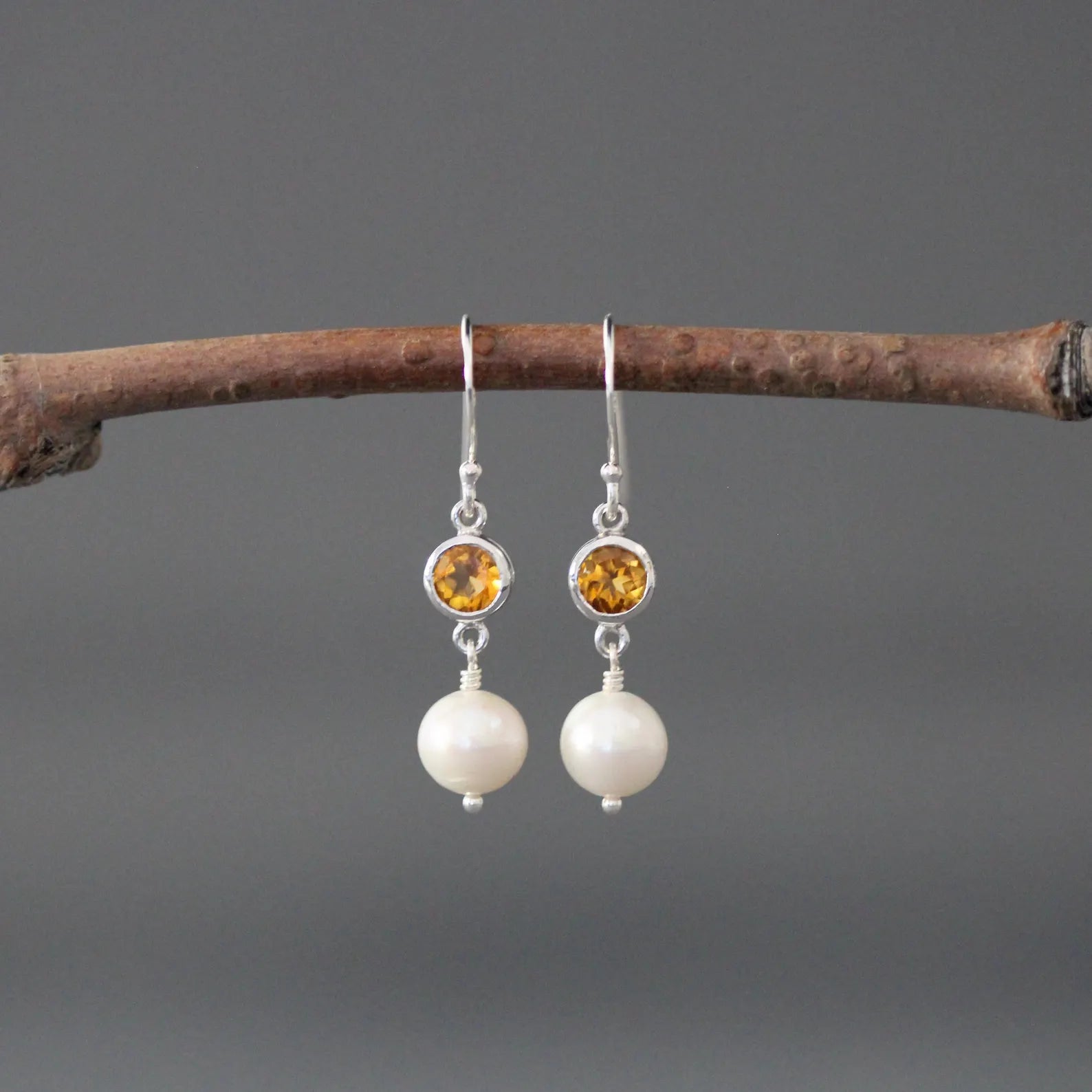 Yellow Citrine & Freshwater Pearl Earrings on Sterling Silver