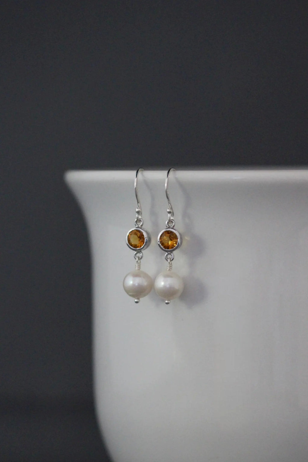Yellow Citrine & Freshwater Pearl Earrings on Sterling Silver