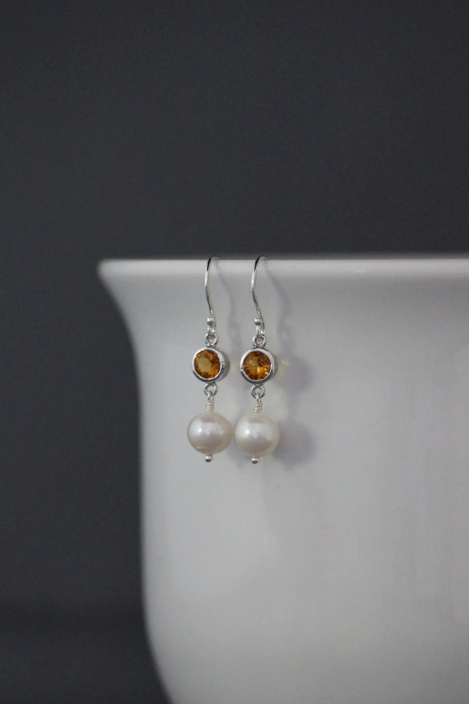 Yellow Citrine & Freshwater Pearl Earrings on Sterling Silver