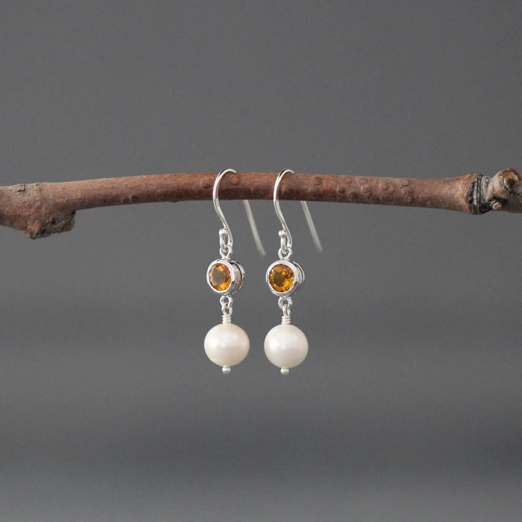 Yellow Citrine & Freshwater Pearl Earrings on Sterling Silver
