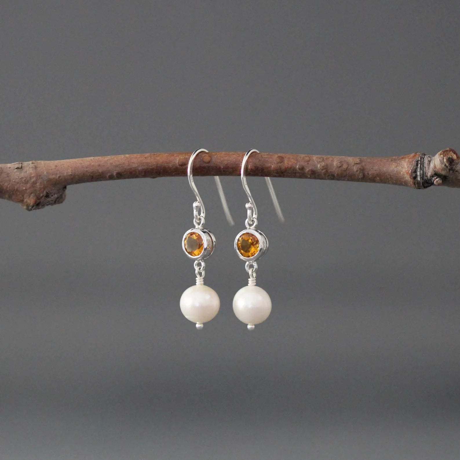 Yellow Citrine & Freshwater Pearl Earrings on Sterling Silver