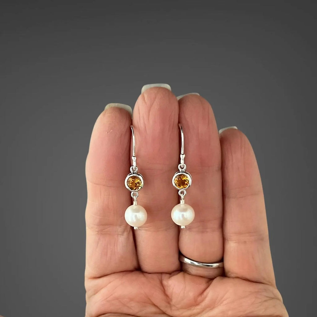 Yellow Citrine & Freshwater Pearl Earrings on Sterling Silver