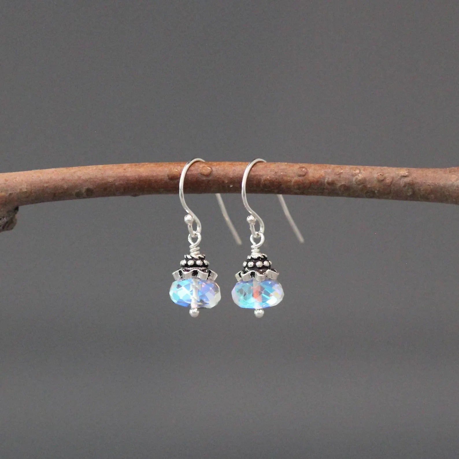 Fire Rainbow Moonstone Quartz and Bali Silver Earrings