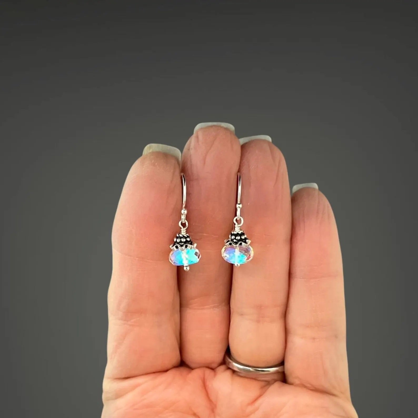 Fire Rainbow Moonstone Quartz and Bali Silver Earrings