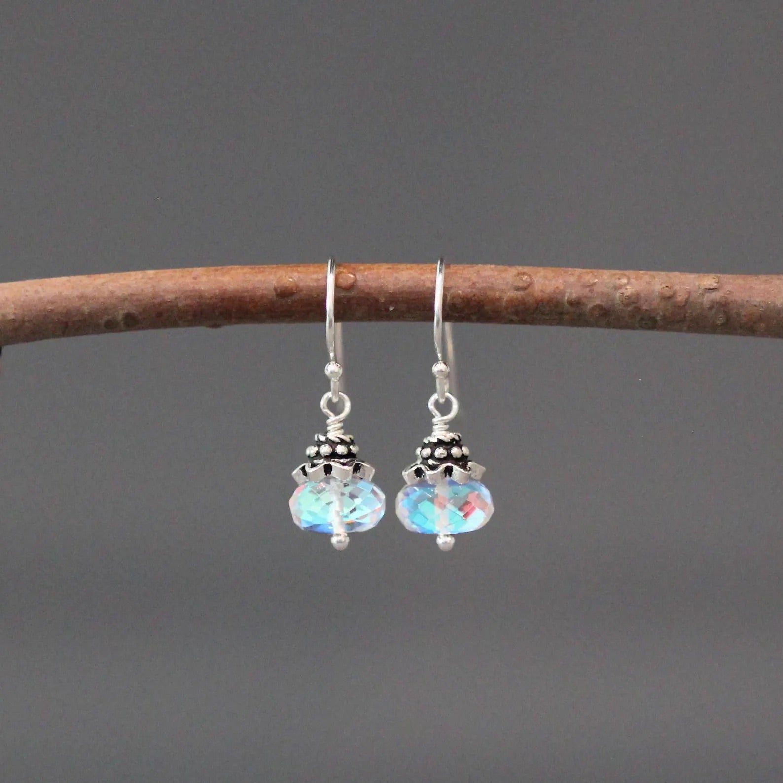 Fire Rainbow Moonstone Quartz and Bali Silver Earrings