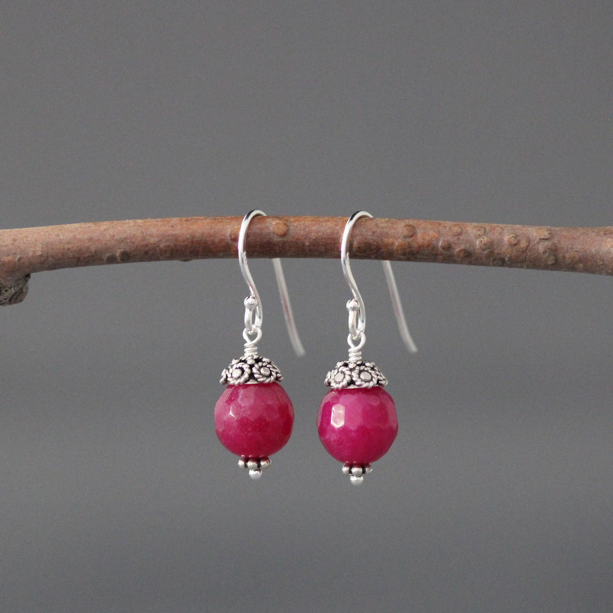 Bright Fuchsia Chalcedony Earrings on Bali Silver