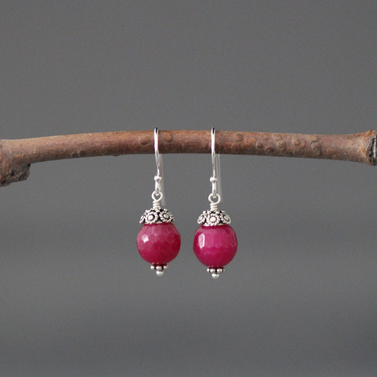 Bright Fuchsia Chalcedony Earrings on Bali Silver