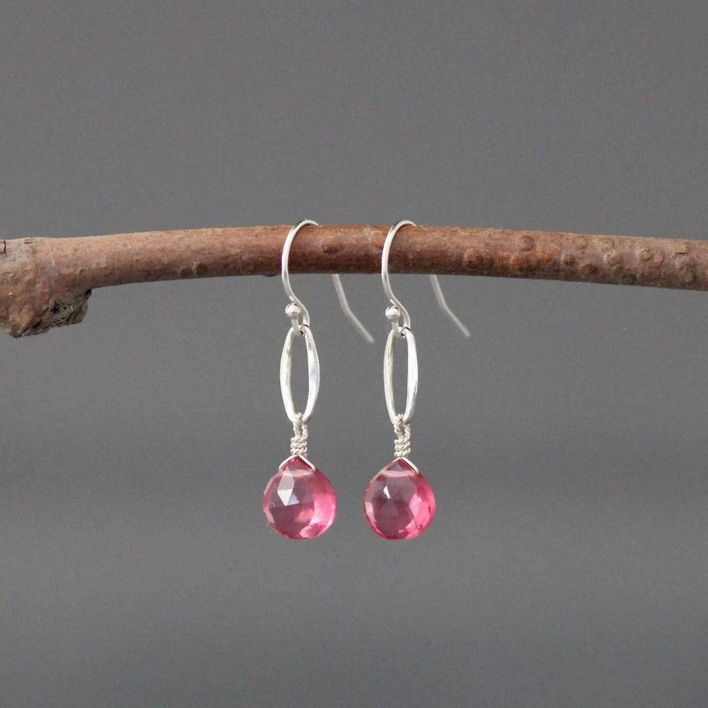 Hot Pink Quartz Teardrop Earrings on Bali Silver Oval Links