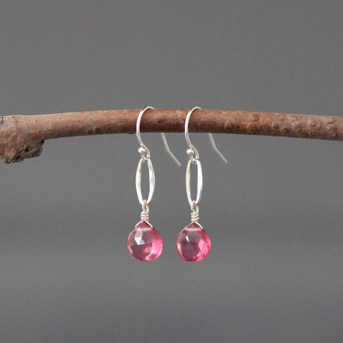 Hot Pink Quartz Teardrop Earrings on Bali Silver Oval Links