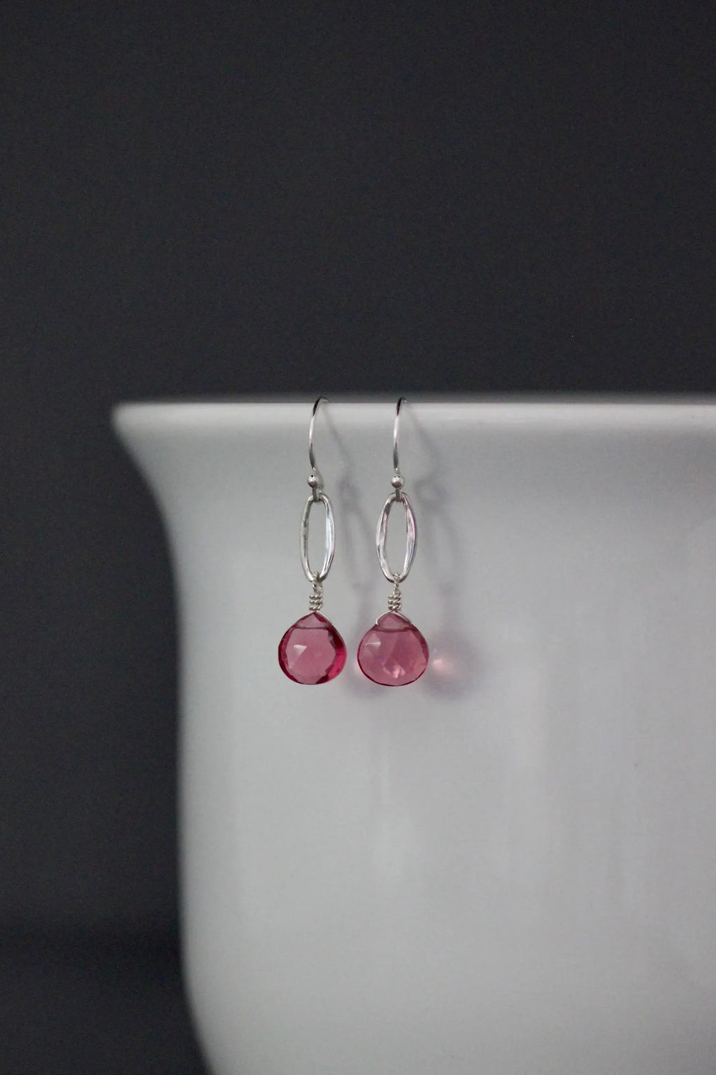 Hot Pink Quartz Teardrop Earrings on Bali Silver Oval Links