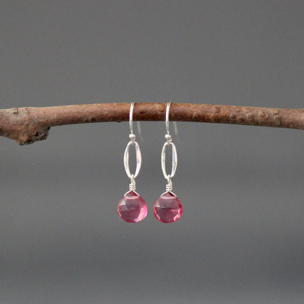 Hot Pink Quartz Teardrop Earrings on Bali Silver Oval Links
