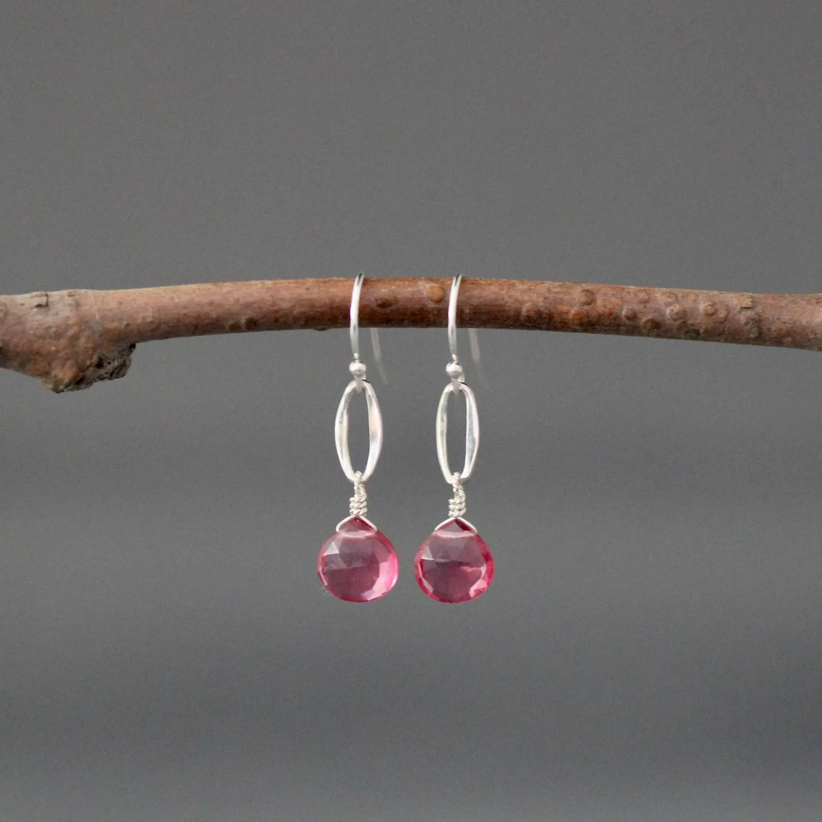 Hot Pink Quartz Teardrop Earrings on Bali Silver Oval Links