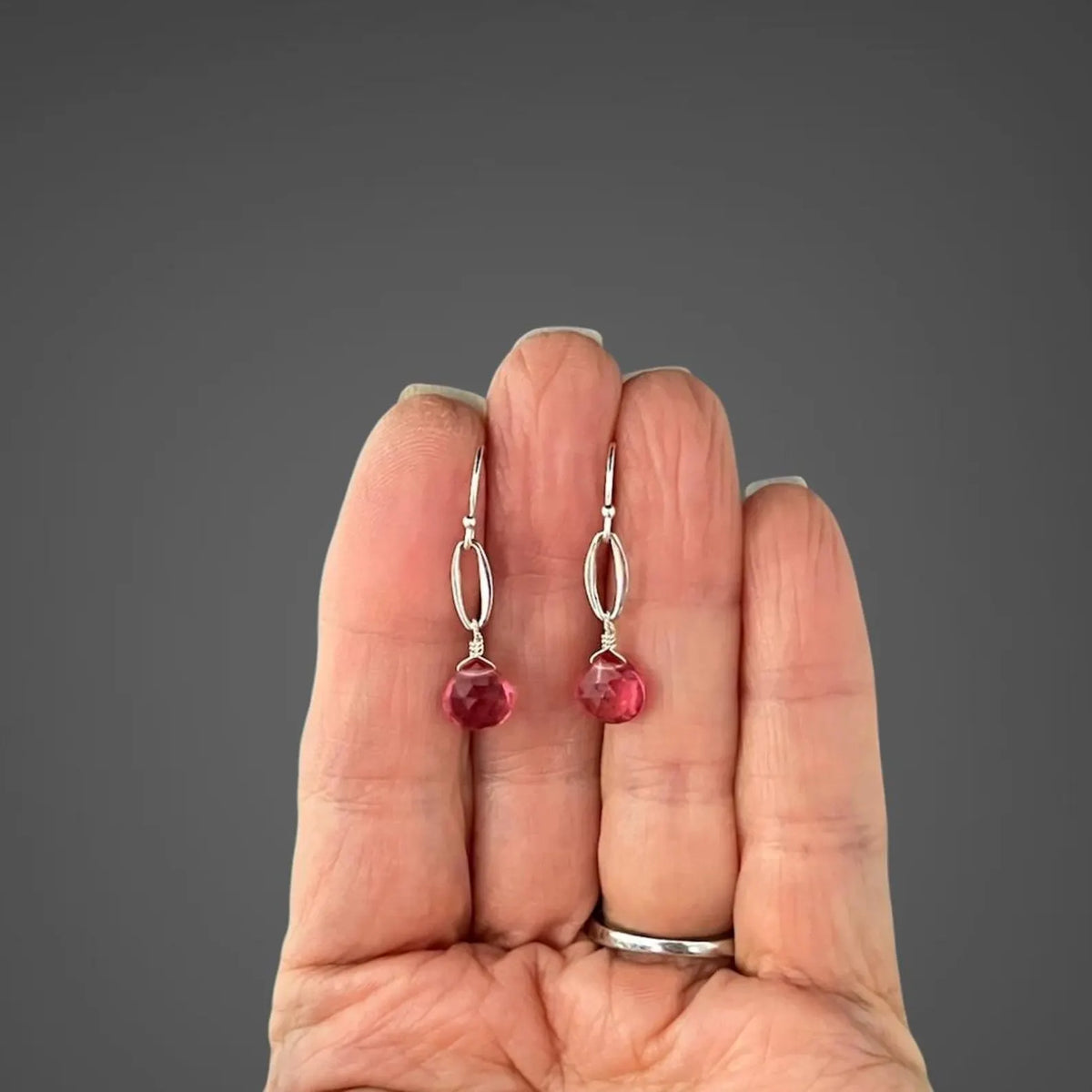 Hot Pink Quartz Teardrop Earrings on Bali Silver Oval Links