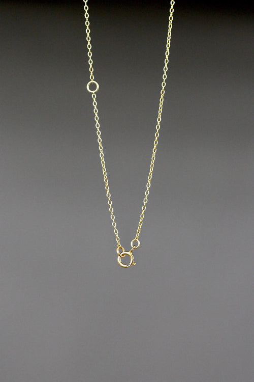 Gold necklace with a small pendant on a dark gray background