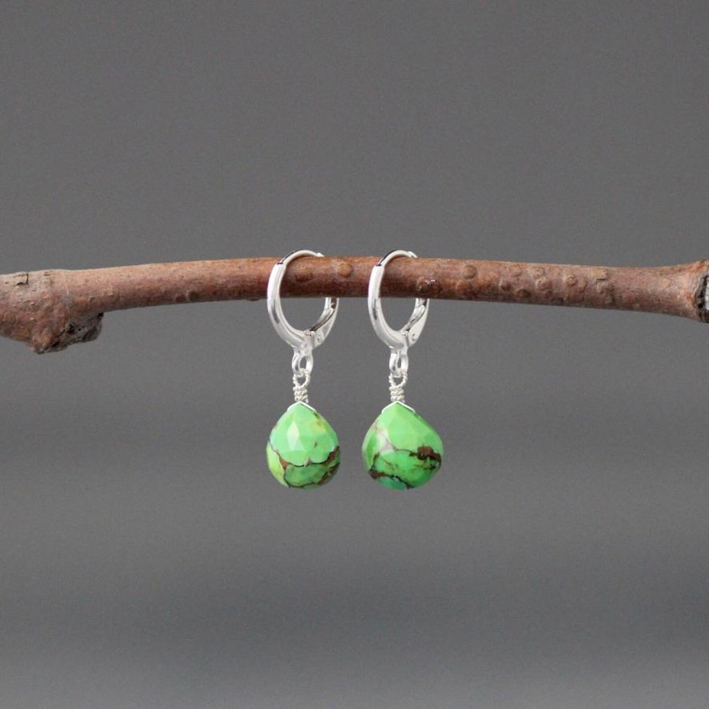 Green Copper Turquoise Teardrop Earrings on Silver Huggie Hoops
