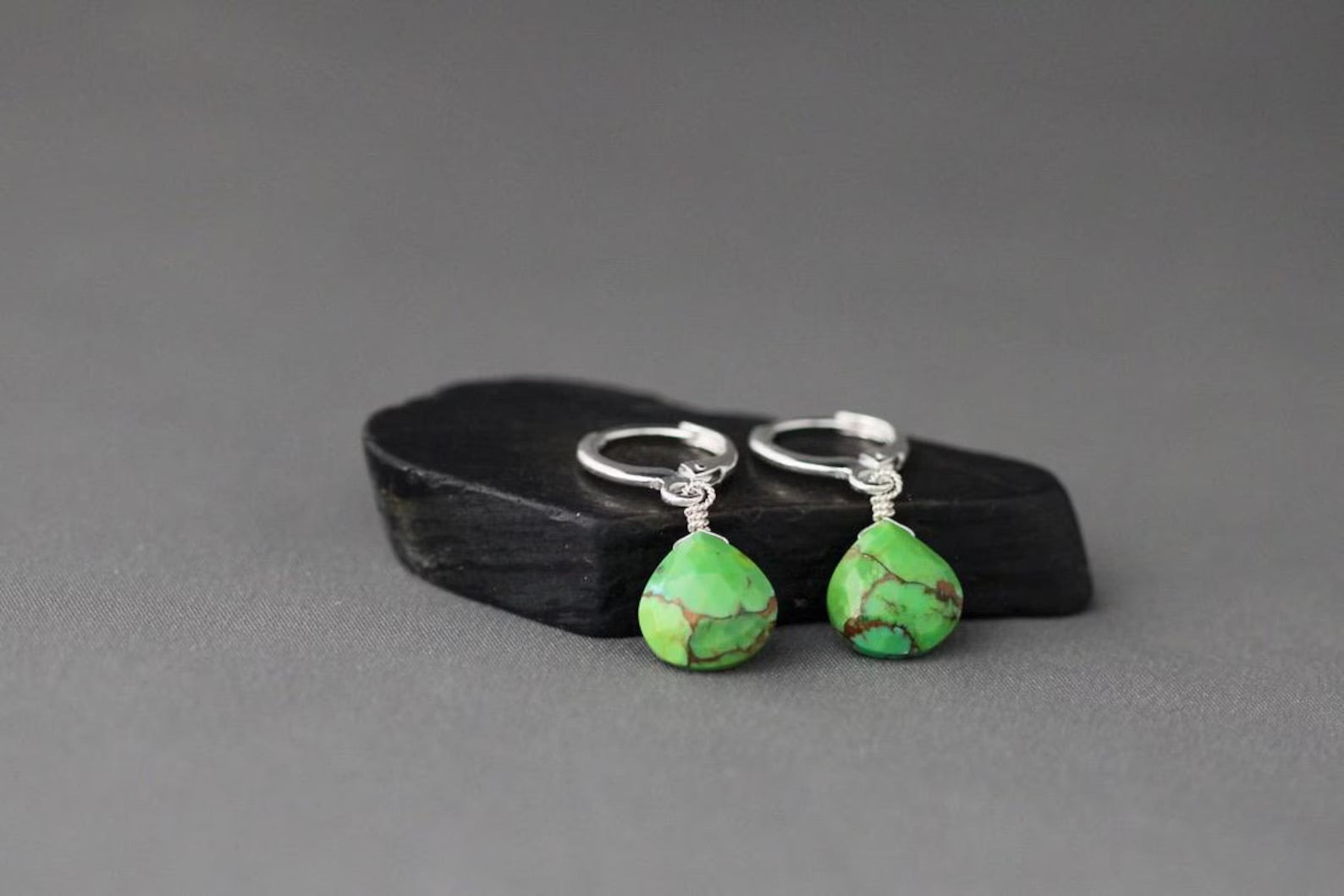Green Copper Turquoise Teardrop Earrings on Silver Huggie Hoops