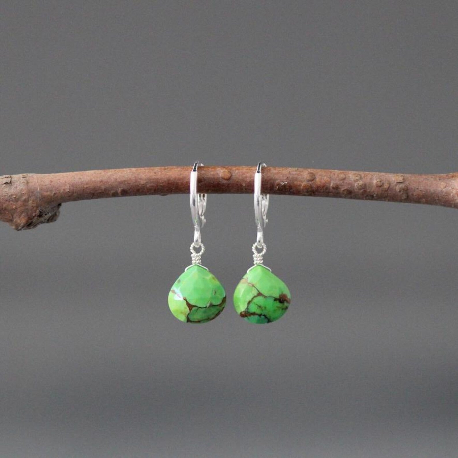 Green Copper Turquoise Teardrop Earrings on Silver Huggie Hoops