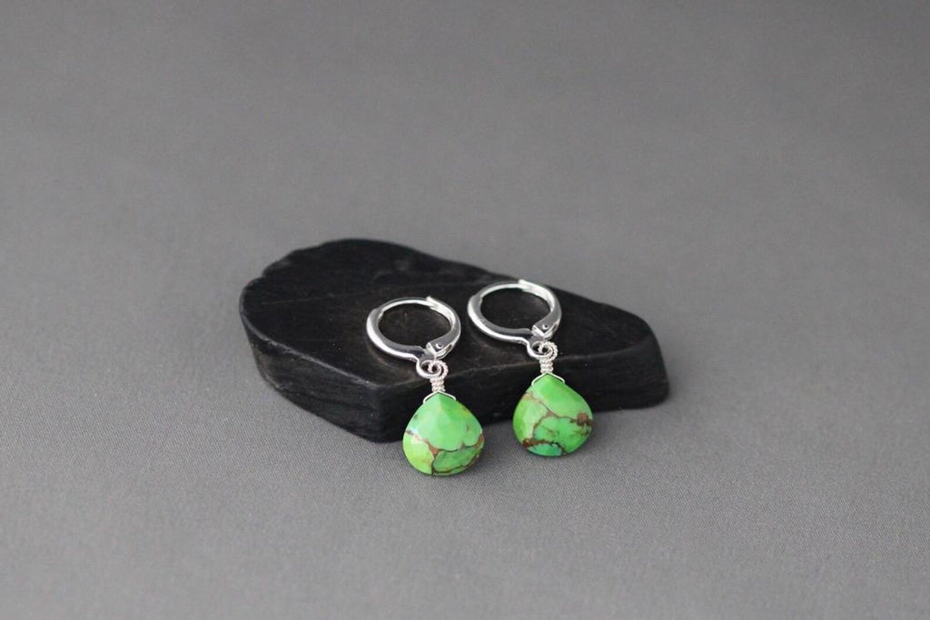 Green Copper Turquoise Teardrop Earrings on Silver Huggie Hoops