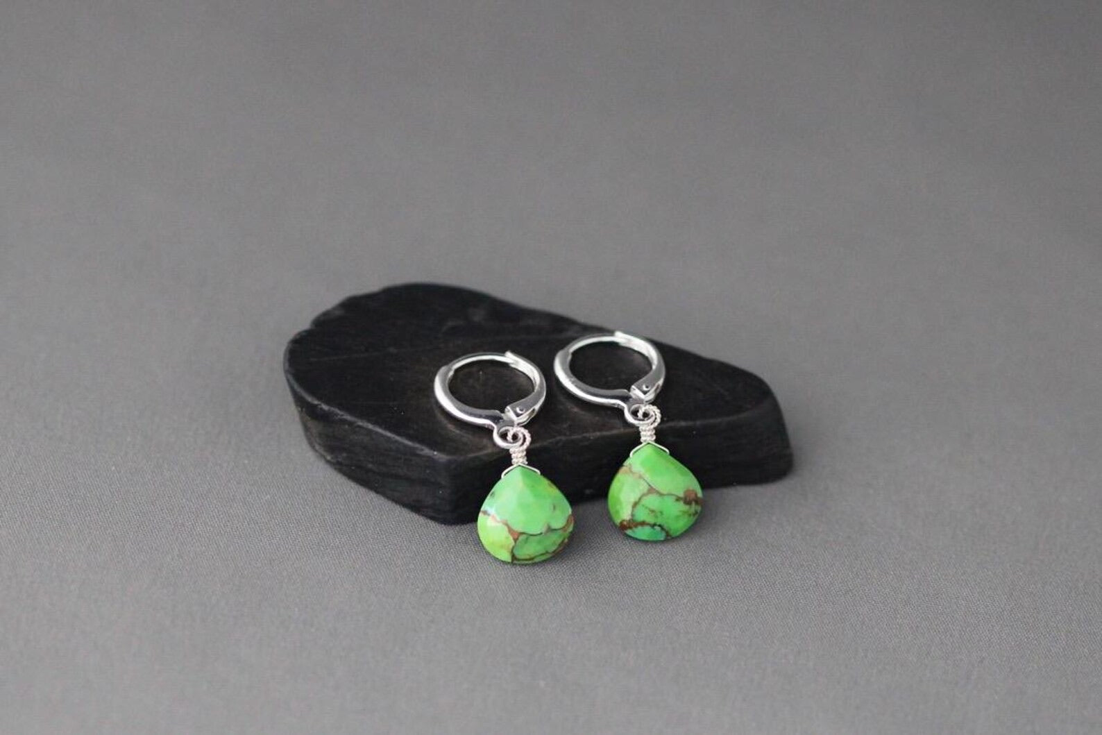 Green Copper Turquoise Teardrop Earrings on Silver Huggie Hoops