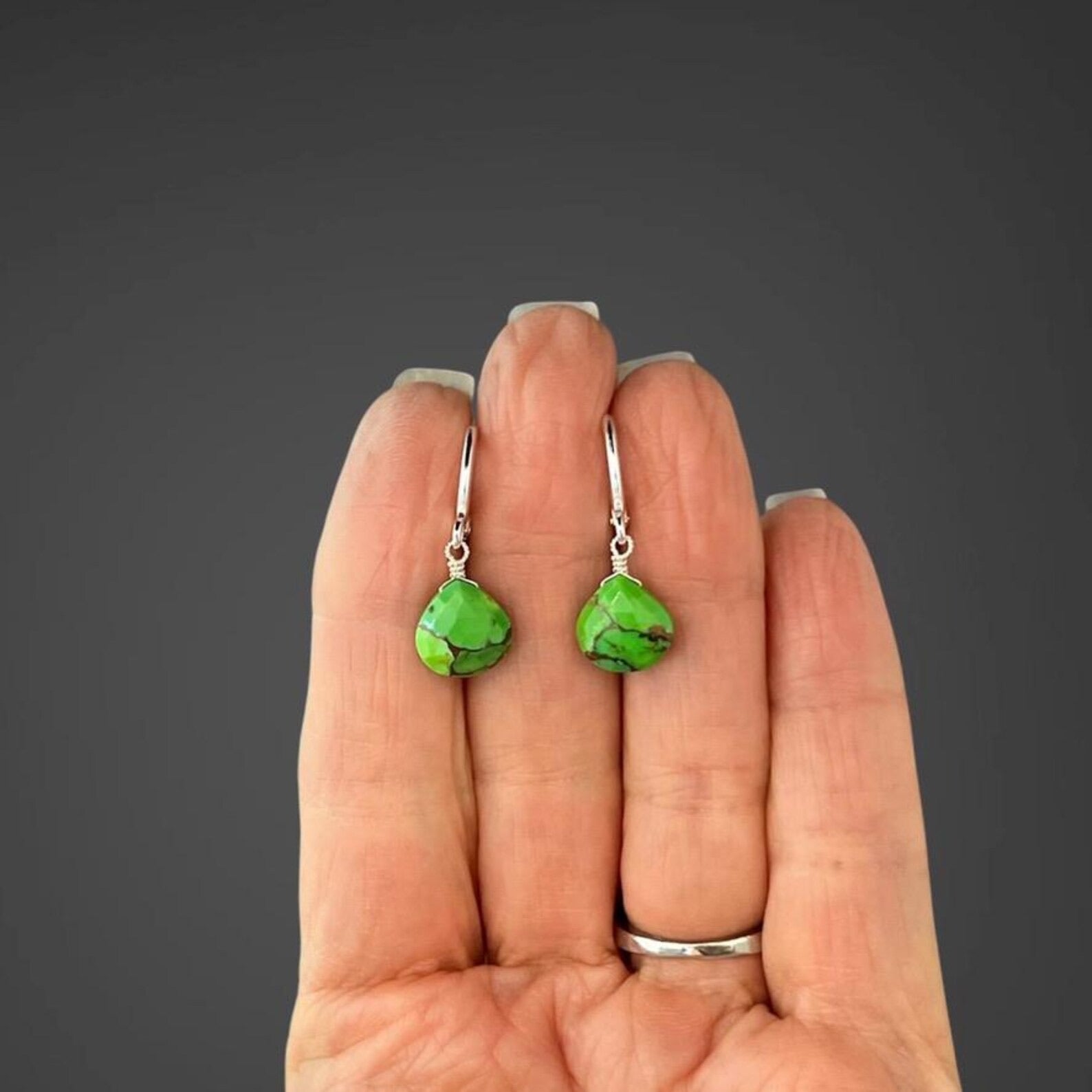 Green Copper Turquoise Teardrop Earrings on Silver Huggie Hoops
