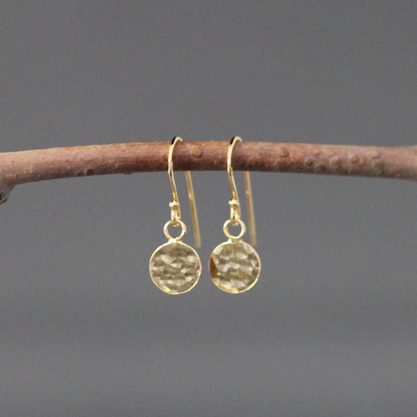 Gold earrings hanging from a branch against a gray background