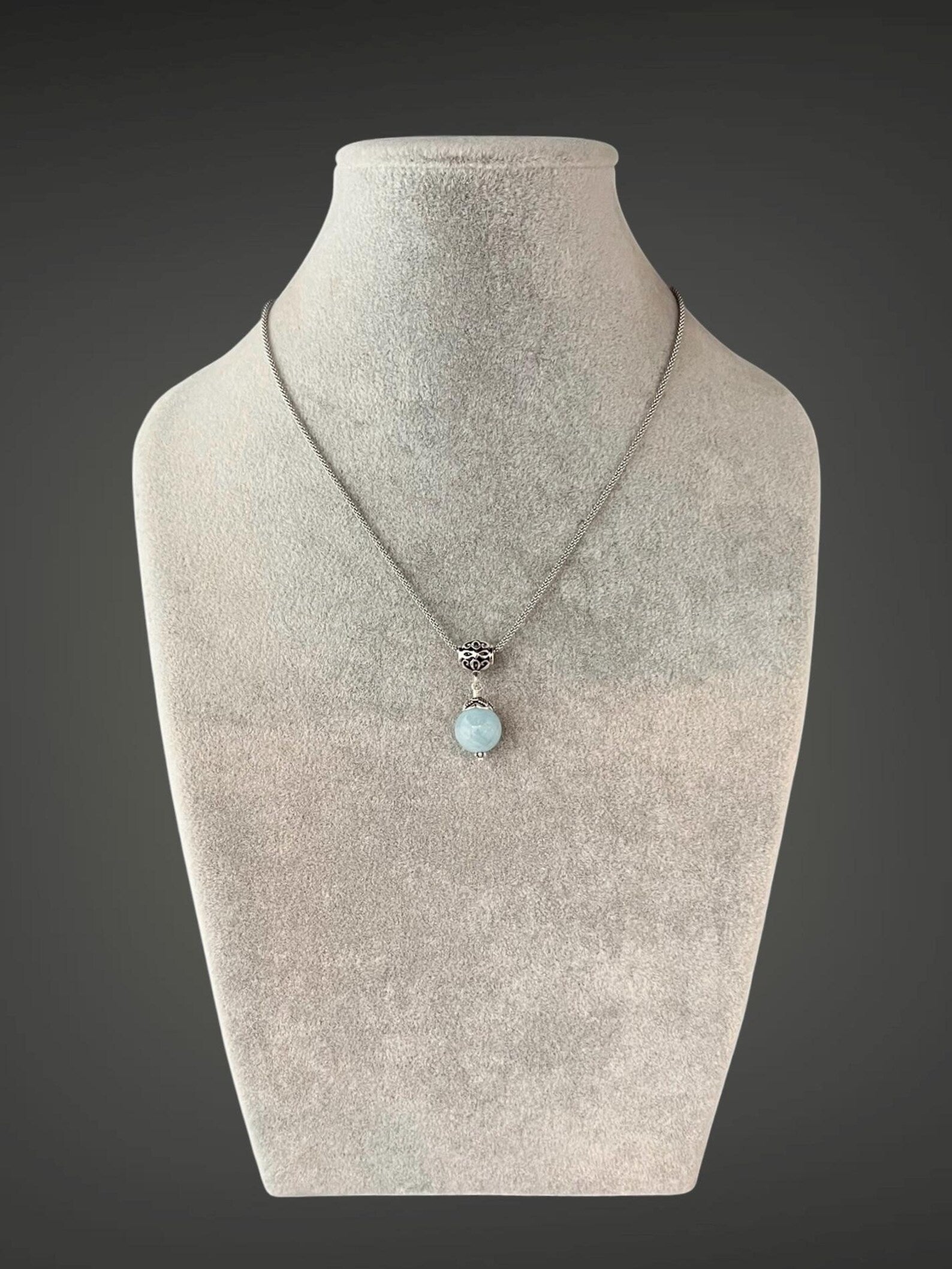 Aquamarine and Bali Silver Pendant Necklace