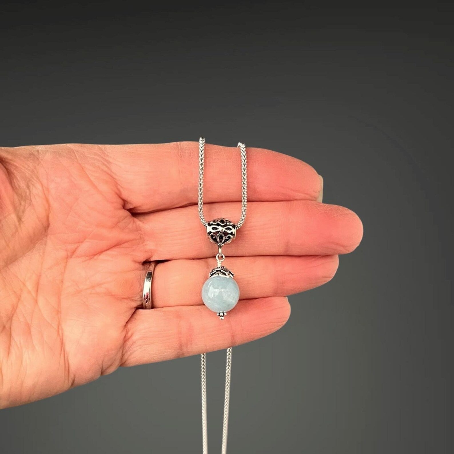 Aquamarine and Bali Silver Pendant Necklace