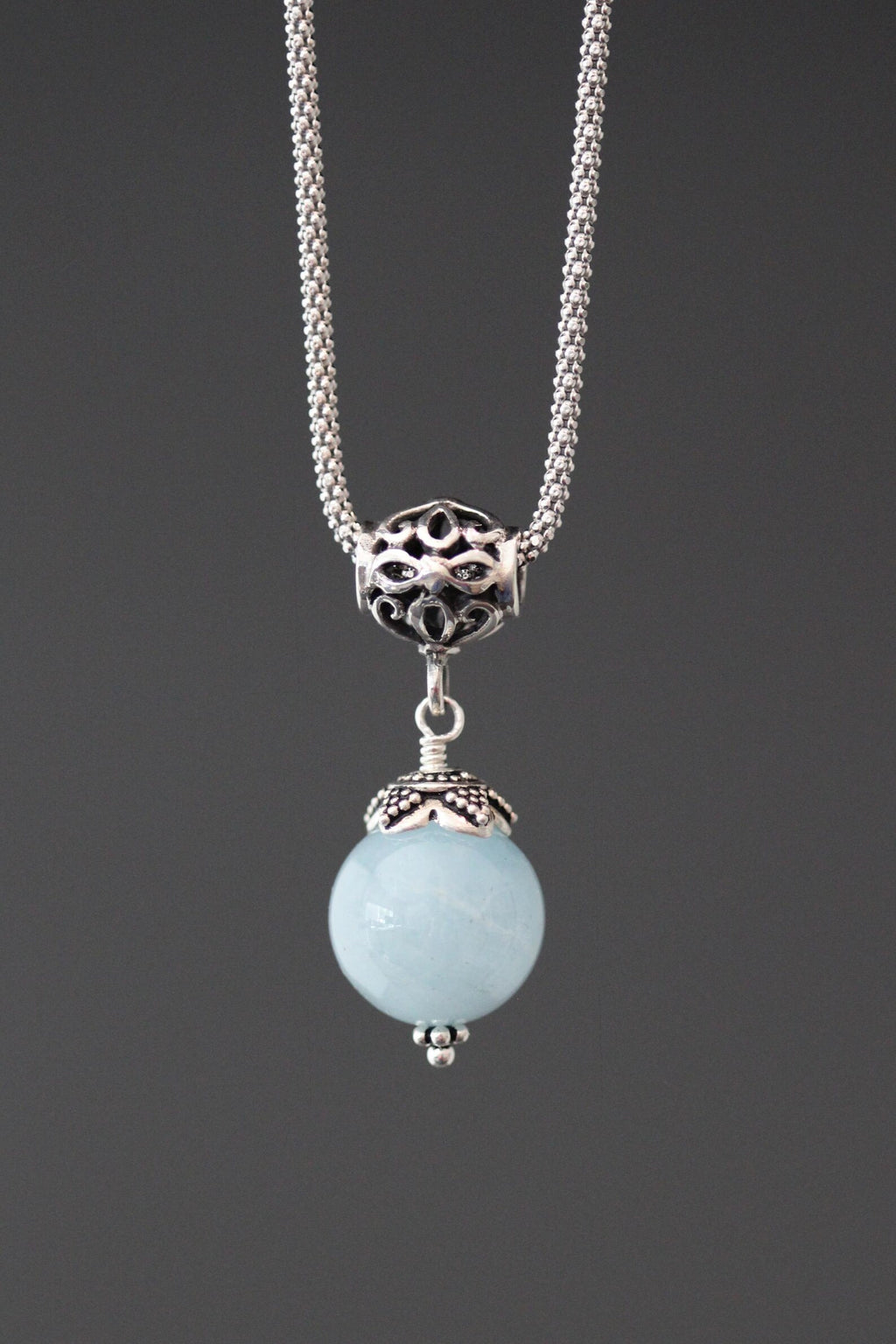 Aquamarine and Bali Silver Pendant Necklace