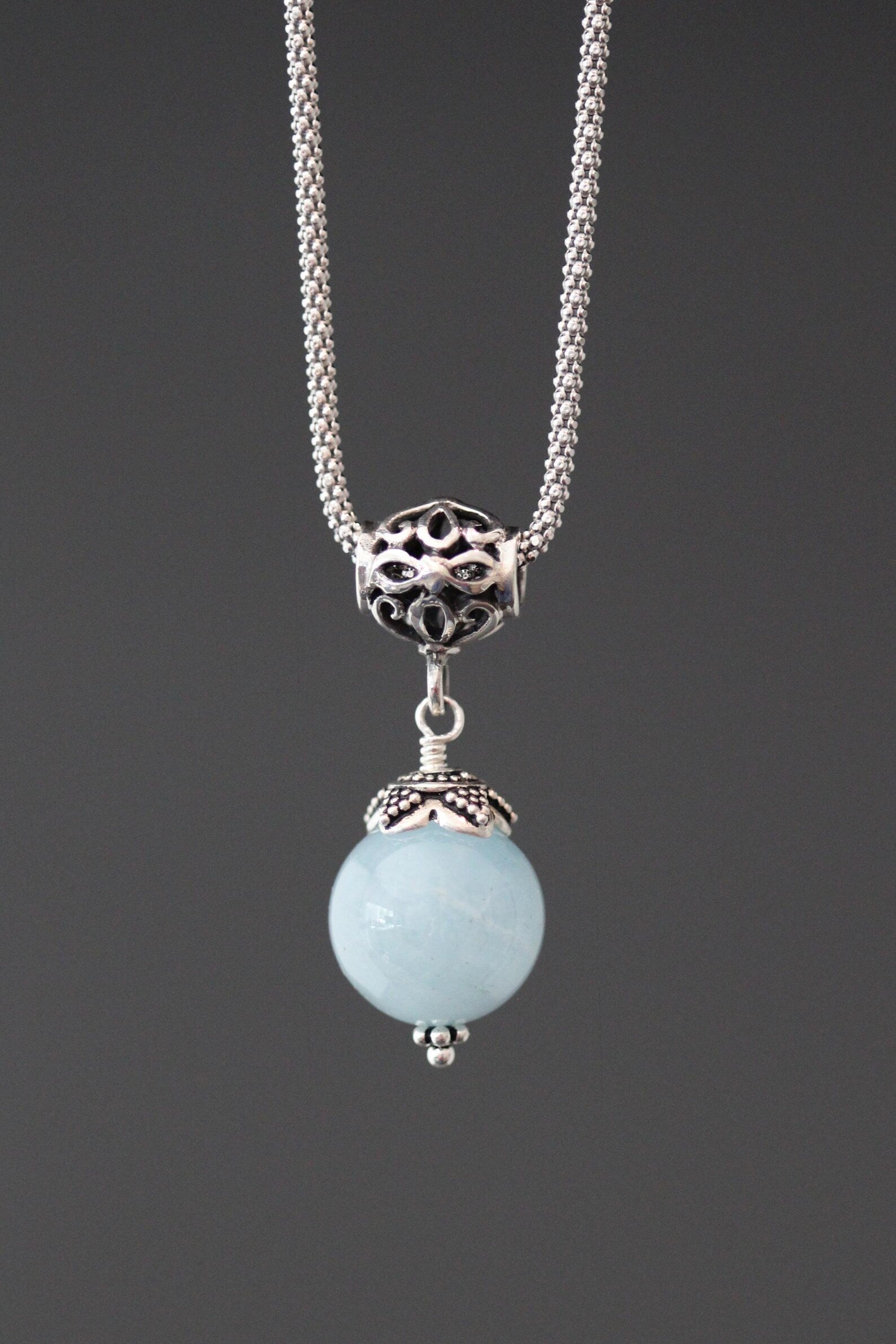 Aquamarine and Bali Silver Pendant Necklace