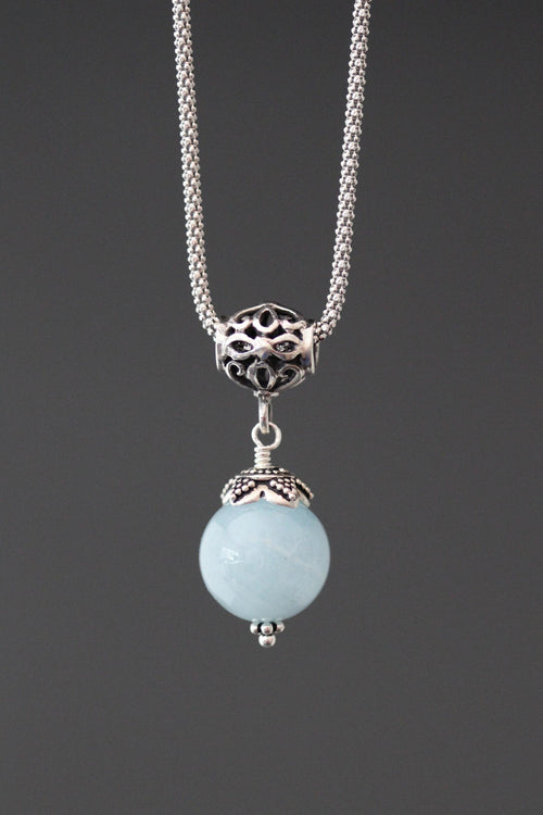 Aquamarine and Bali Silver Pendant Necklace