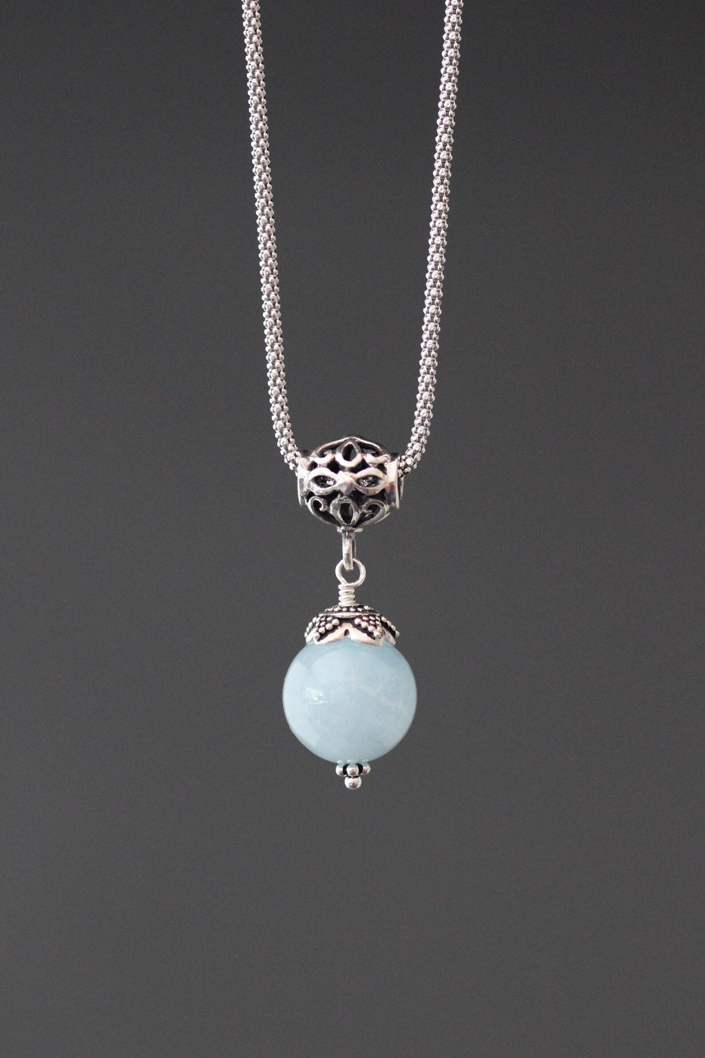 Aquamarine and Bali Silver Pendant Necklace