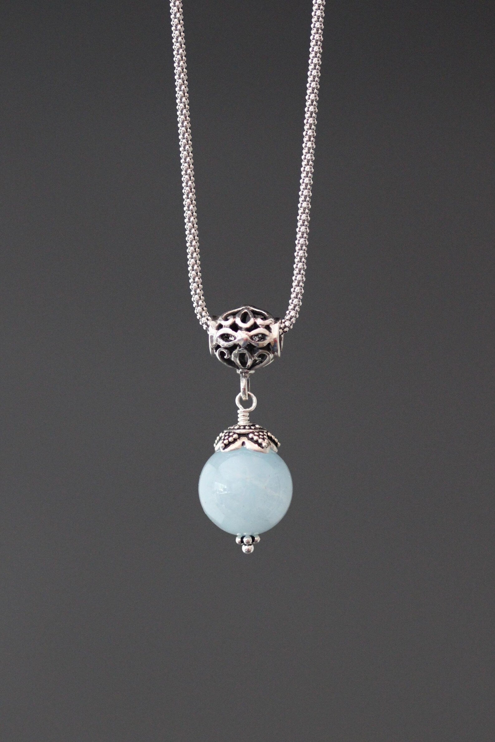 Aquamarine and Bali Silver Pendant Necklace