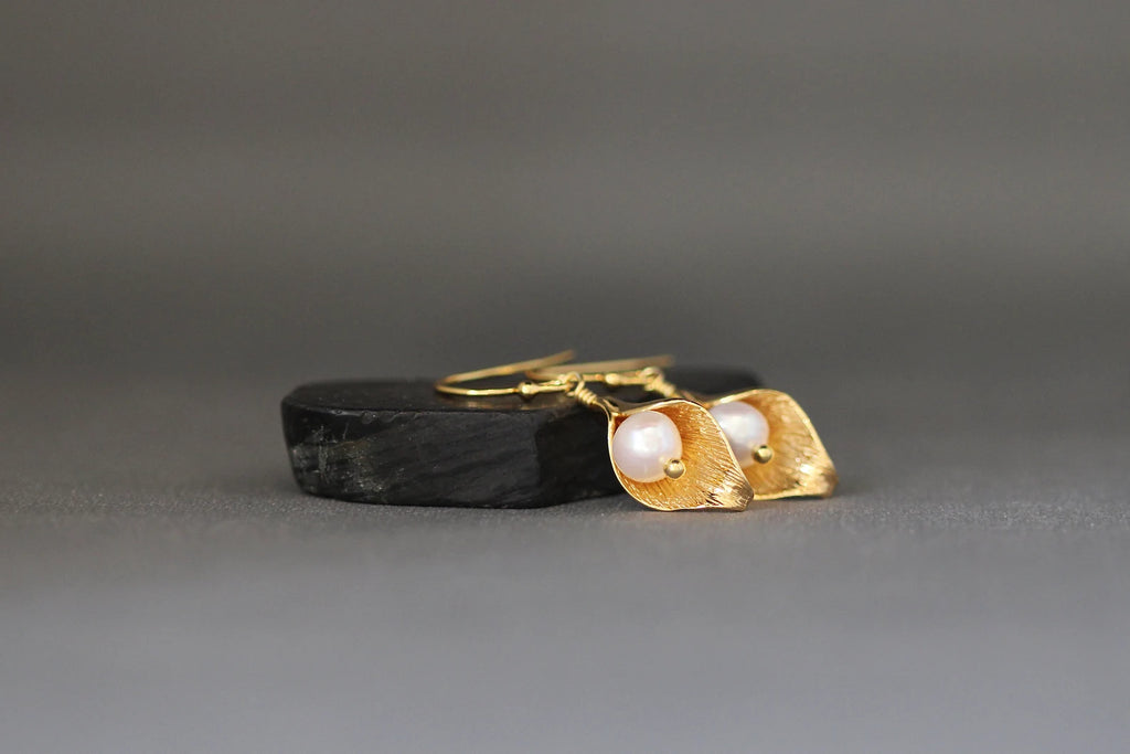 White Freshwater Pearl and Gold Calla Lily Earrings