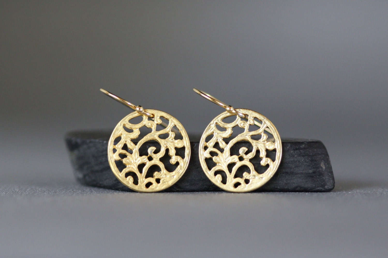 Matte Gold Vermeil Filigree Round Charm Dangle Earrings