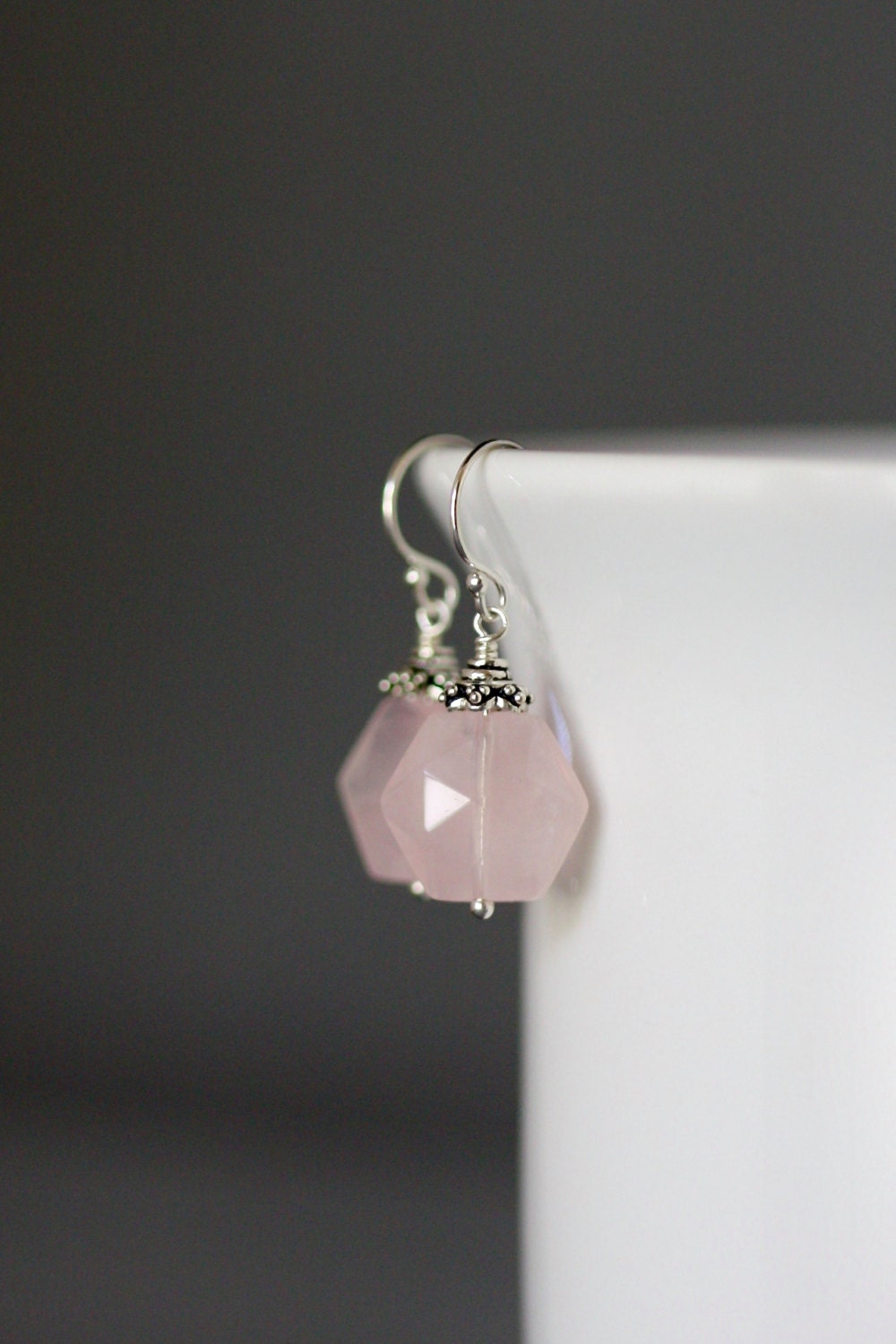 Rose Quartz Hexagon Earrings with Bali Sterling Silver Caps