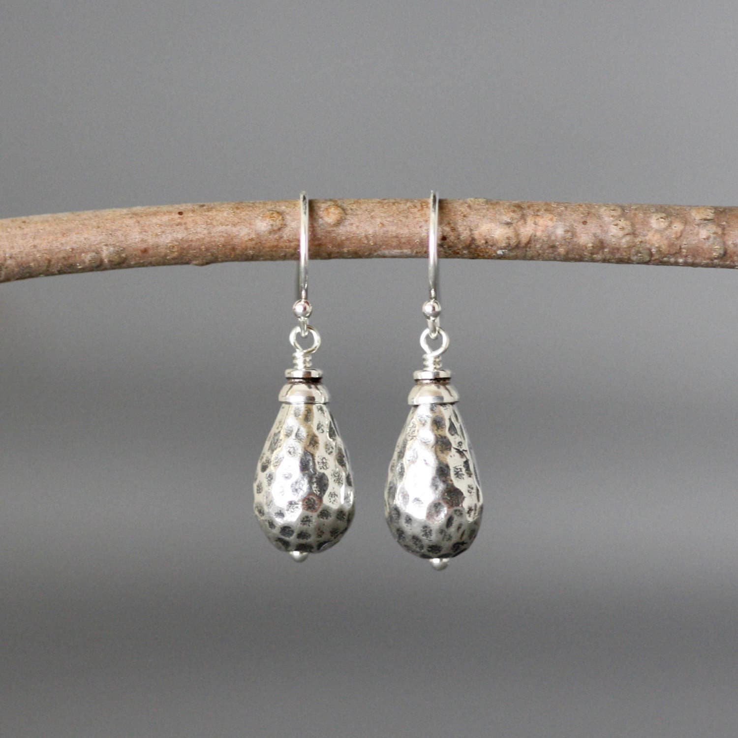 Hammered Bali Sterling Silver Bead Dangle Earrings with Silver Caps