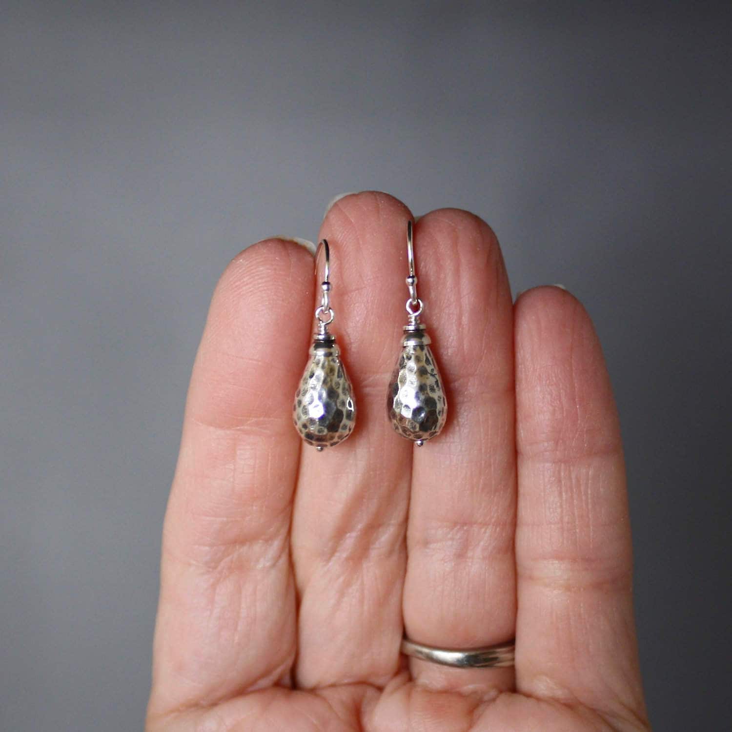 Hammered Bali Sterling Silver Bead Dangle Earrings with Silver Caps