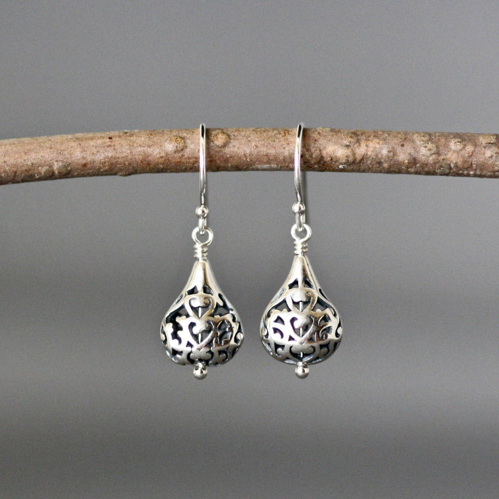 Bali Sterling Silver Filigree Teardrop Bead Dangle Earrings