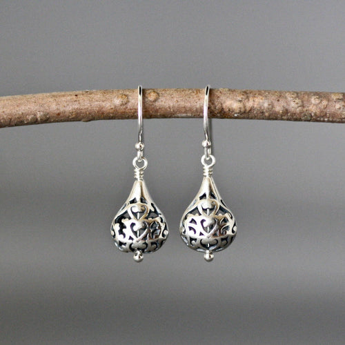 Bali Sterling Silver Filigree Teardrop Bead Dangle Earrings