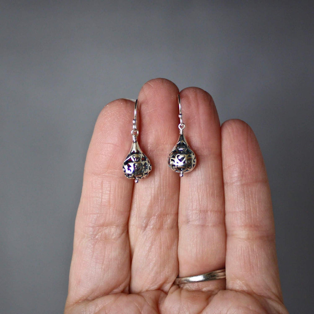 Bali Sterling Silver Filigree Teardrop Bead Dangle Earrings