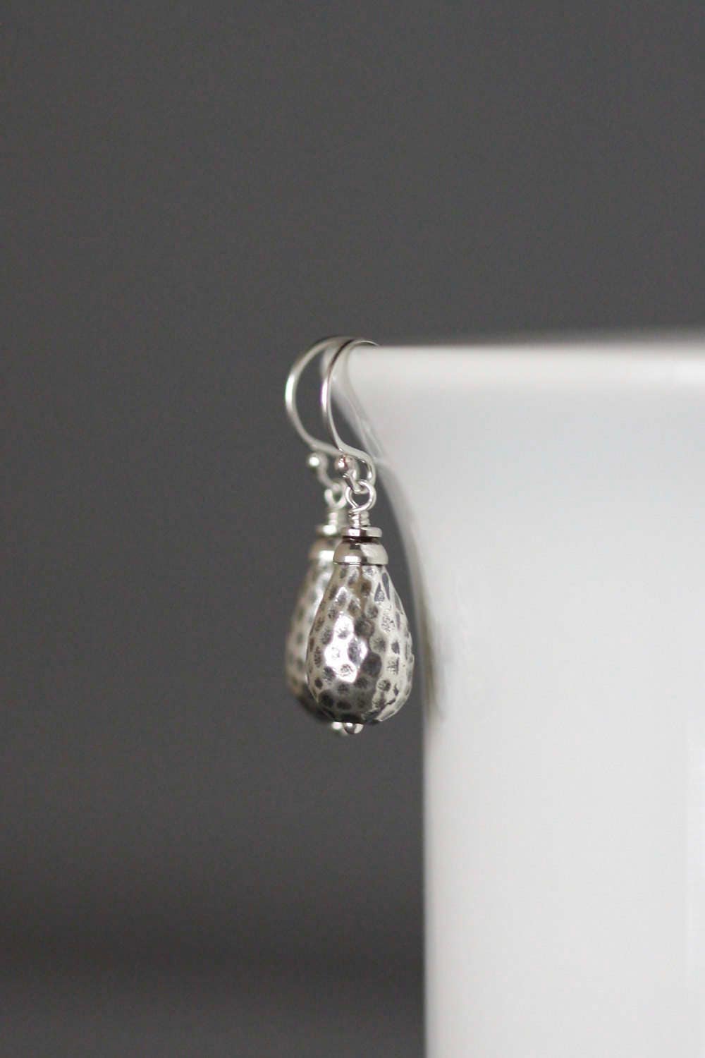 Hammered Bali Sterling Silver Bead Dangle Earrings with Silver Caps