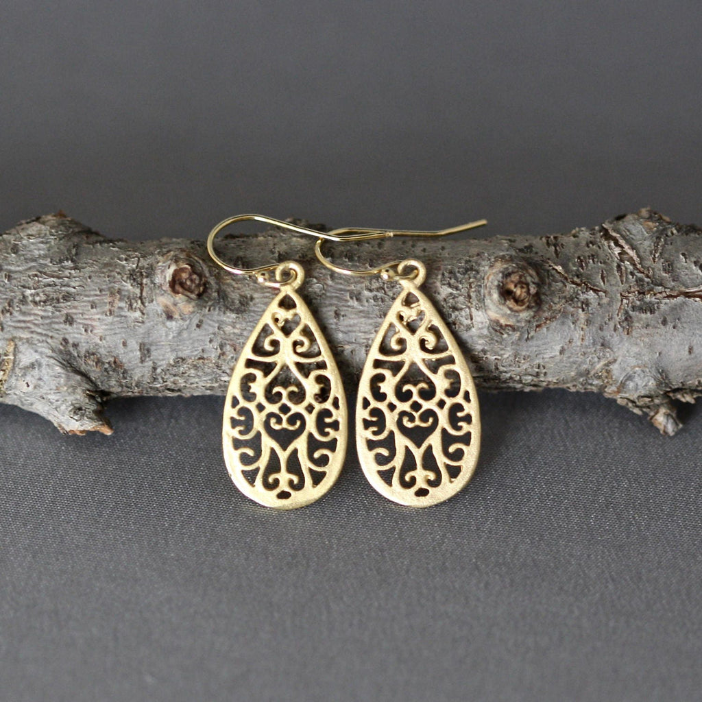 Matte Gold Vermeil Filigree Teardrop Dangle Earrings