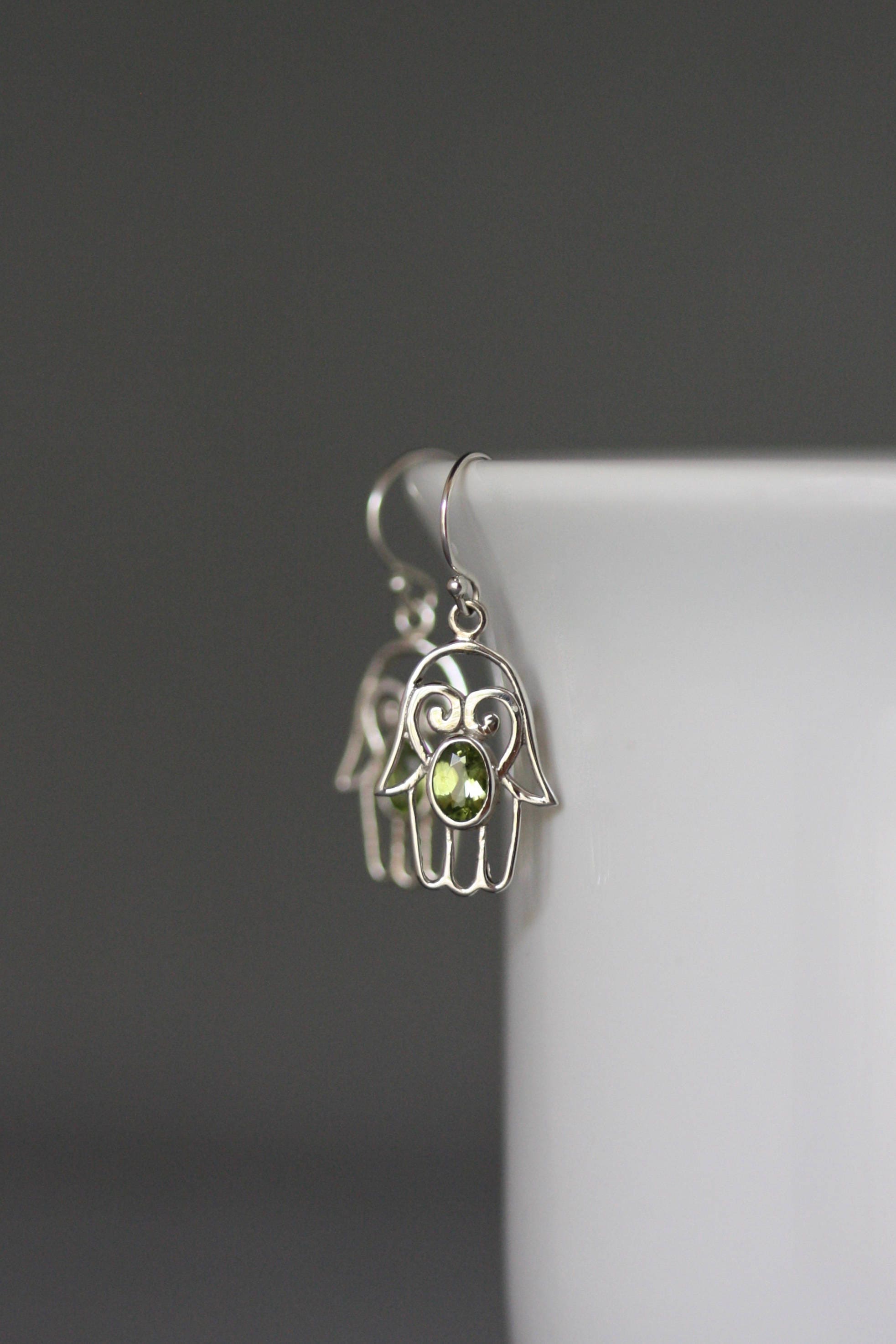 Peridot and Sterling Silver Hamsa Dangle Earrings