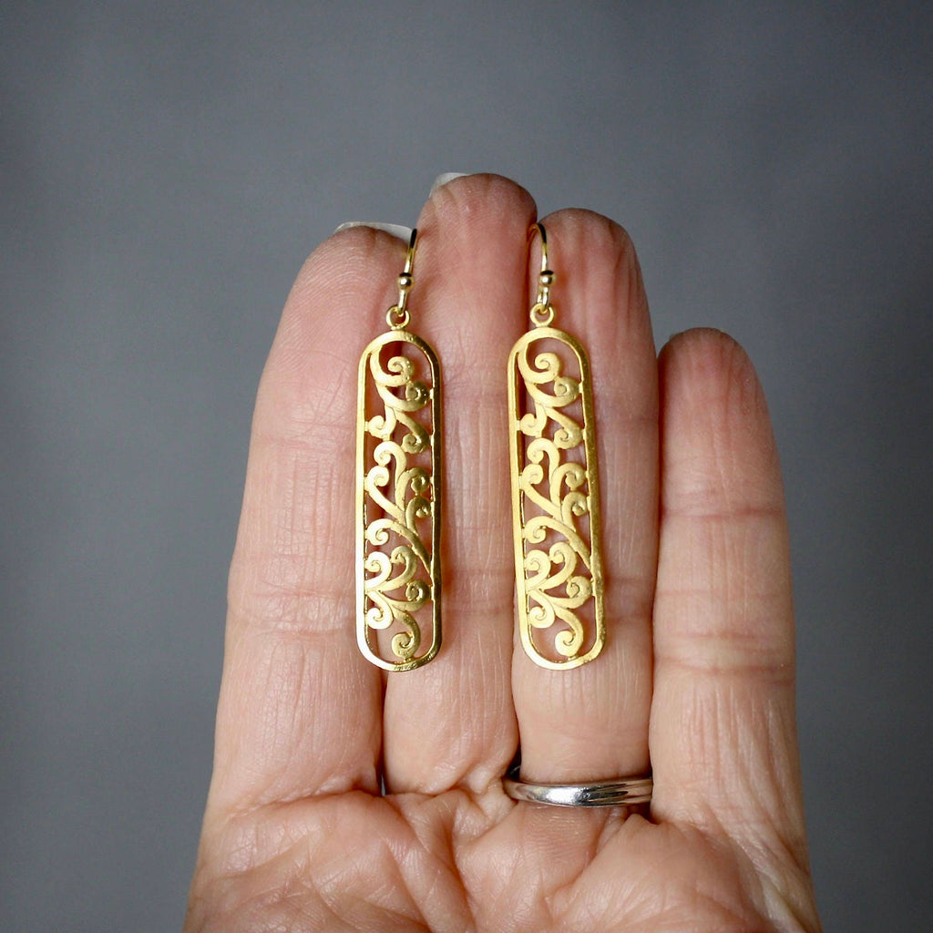 Long Matte Gold Vermeil Filigree Dangle Earrings I