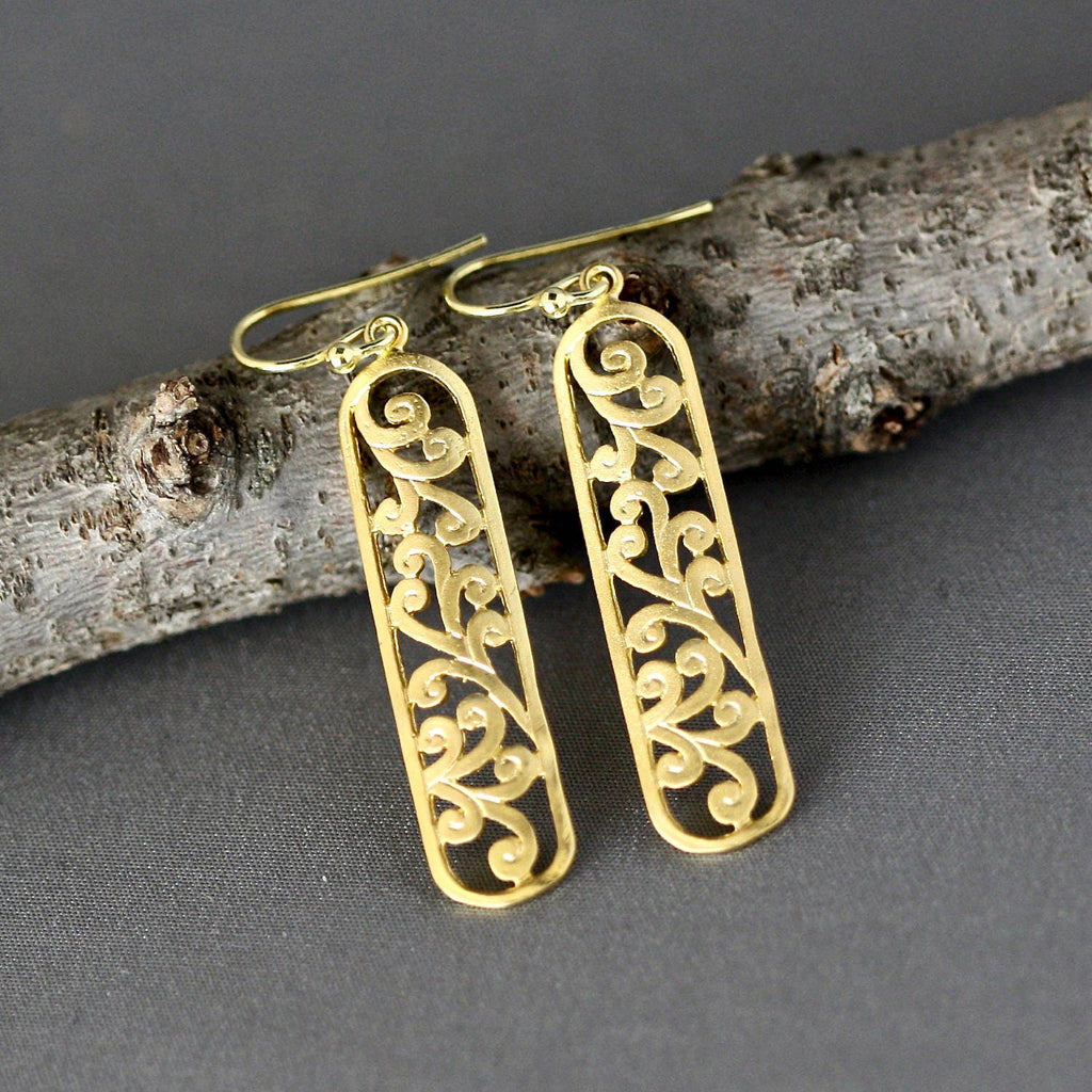 Long Matte Gold Vermeil Filigree Dangle Earrings I