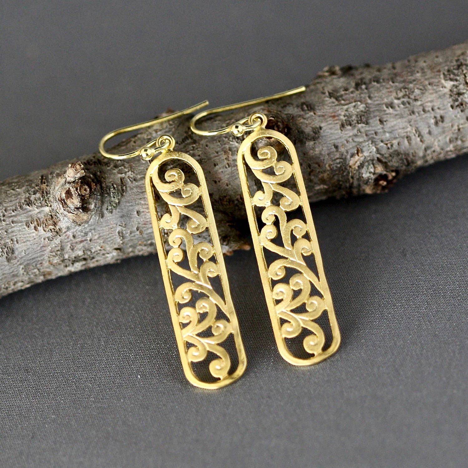 Long Matte Gold Vermeil Filigree Dangle Earrings I