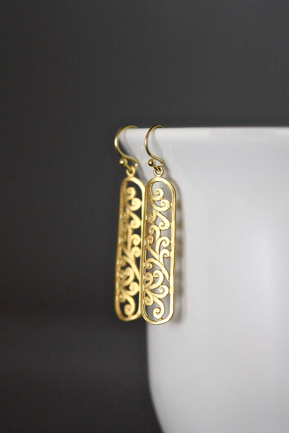 Long Matte Gold Vermeil Filigree Dangle Earrings I