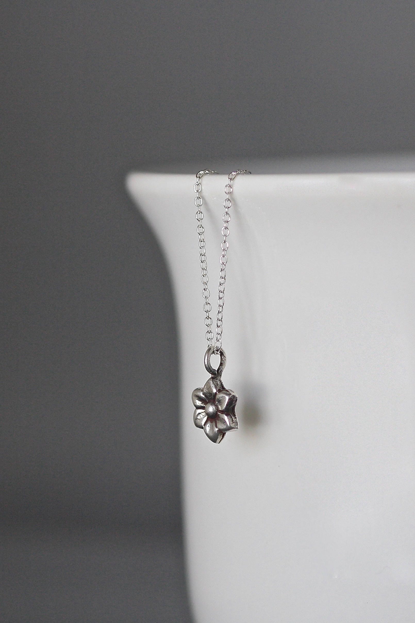 Petite Bali Sterling Silver Flower Charm Pendant Necklace