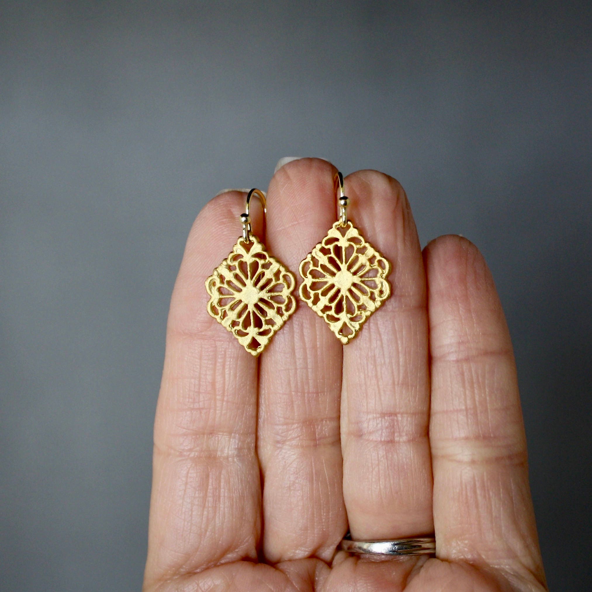 Delicate Matte Gold Vermeil Filigree Dangle Earrings