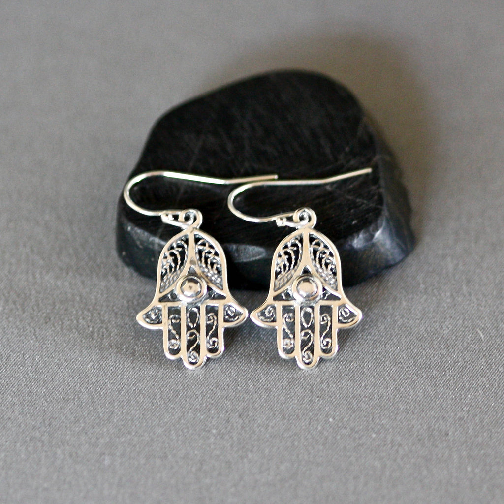 Bali Sterling Silver Hamsa Hand Charm Dangle Earrings